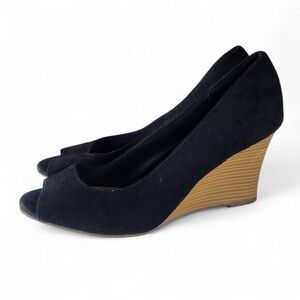 Deflex Comfort Black Faux Suede Peep Toe 3" Stacked Heel 8.5 Women Payless Shoes